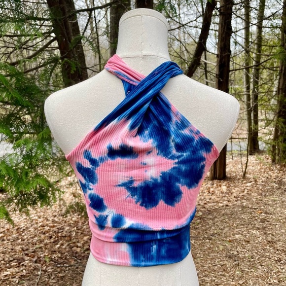 NWOT Cotton Candy Tie Dye Ribbed Tank Top Convertible Keyhole Asymmetrical Crop - Picture 12 of 15